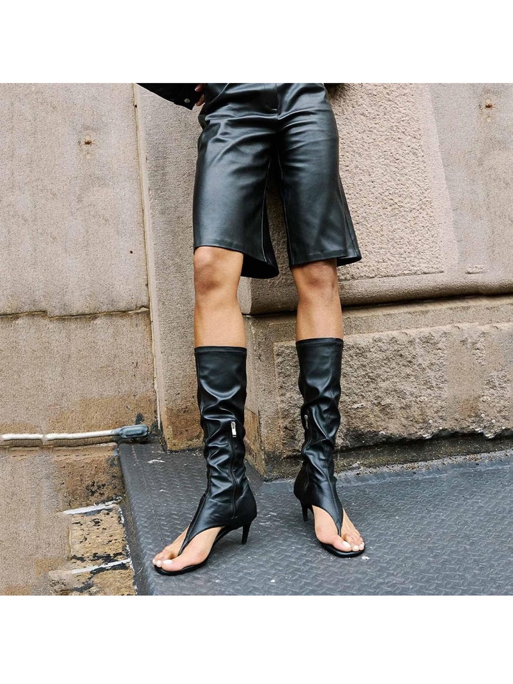 Black Thong Sandals Kitten Heel Knee High Boots Open Toe 10. 674/G-1:v